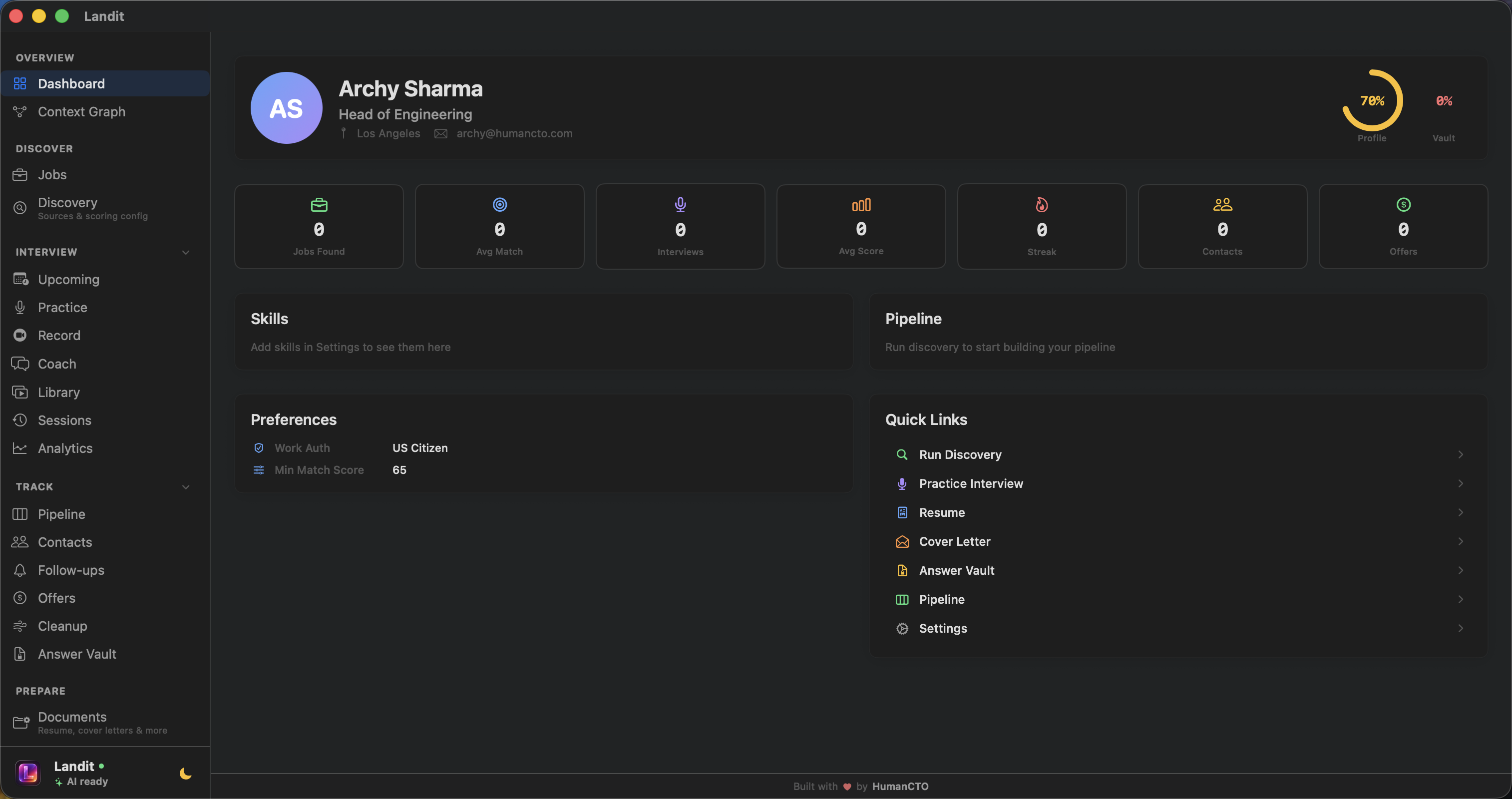 Landit Dashboard — your career command center at a glance