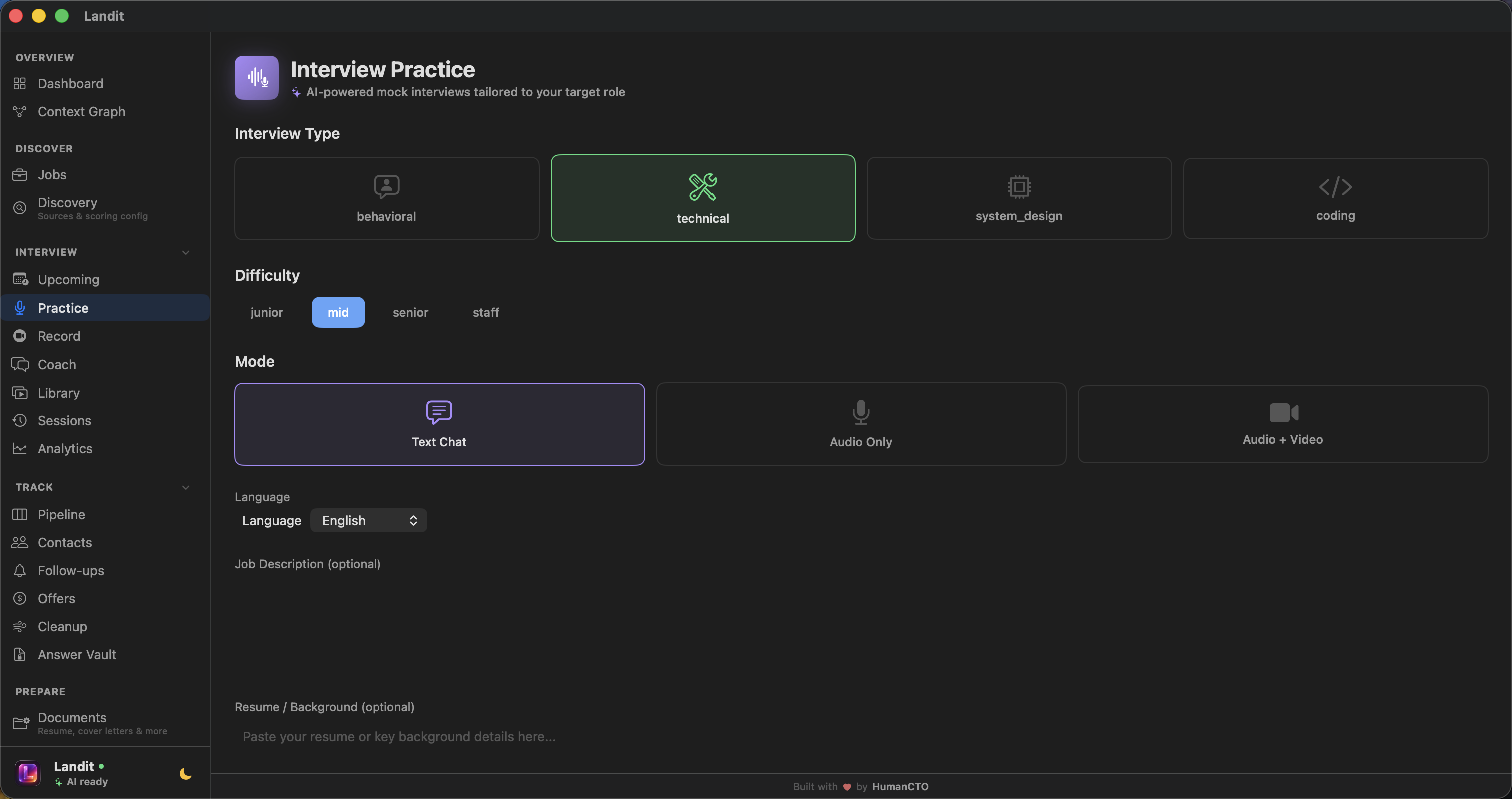 AI mock interview setup — text, audio, or video