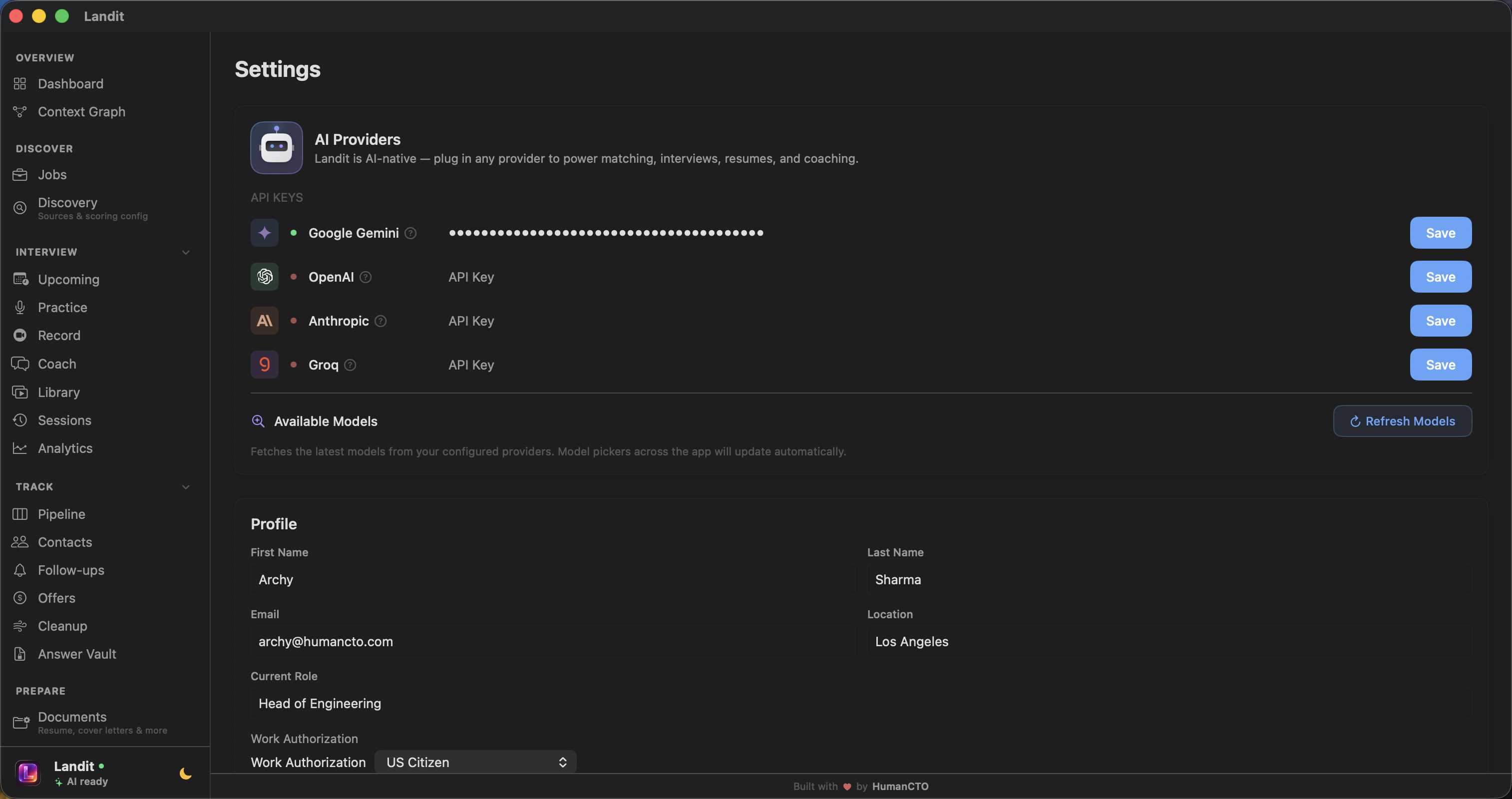 AI provider configuration and profile settings
